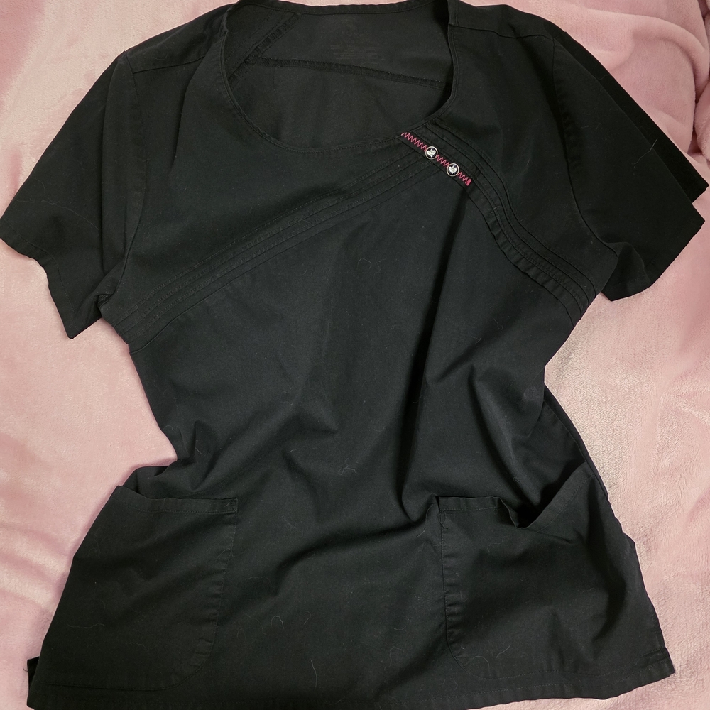 Luxe Black Scrub Top with Pink Trim Detail
